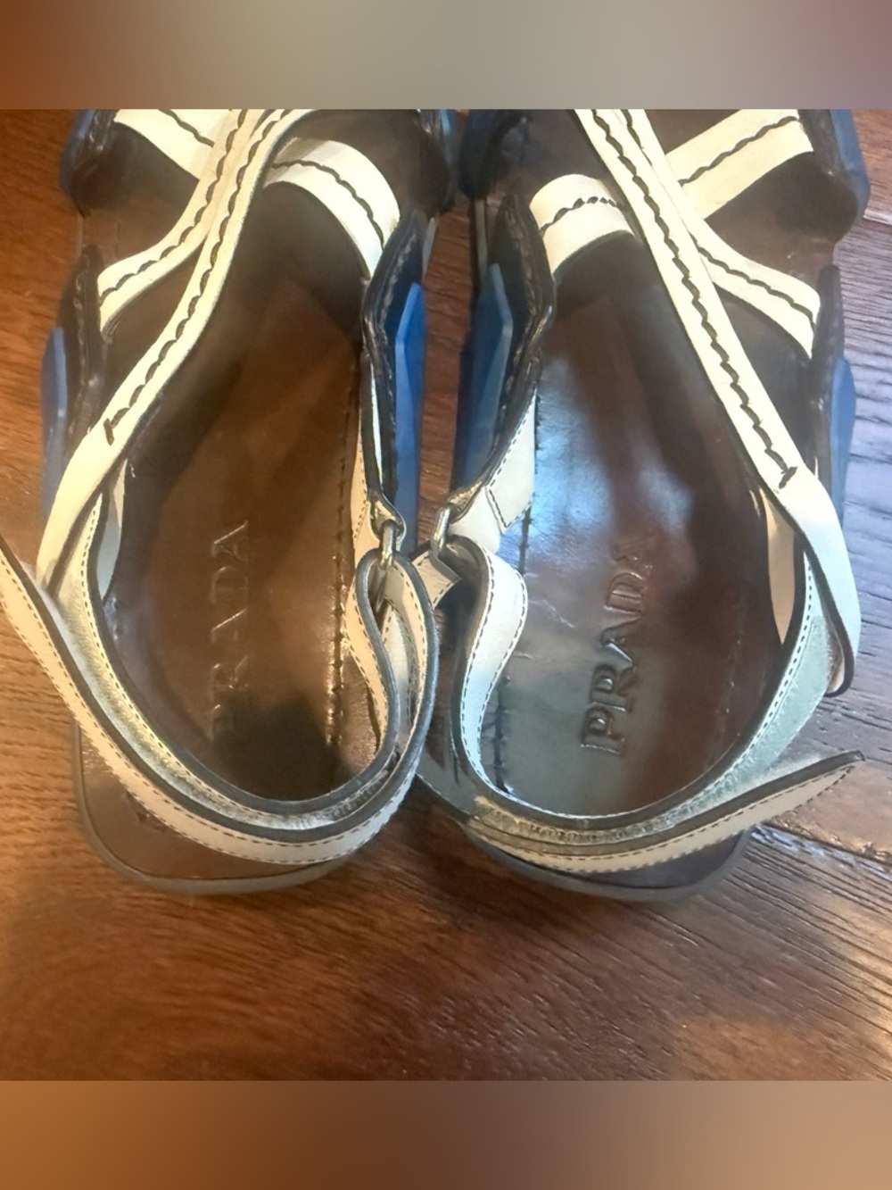 AUTHENTIC PRADA MENS LEATHER SLINGBACK SANDALS, SIZE UK 8/ US 9, WHITE/BLUE - Picture 10 of 15
